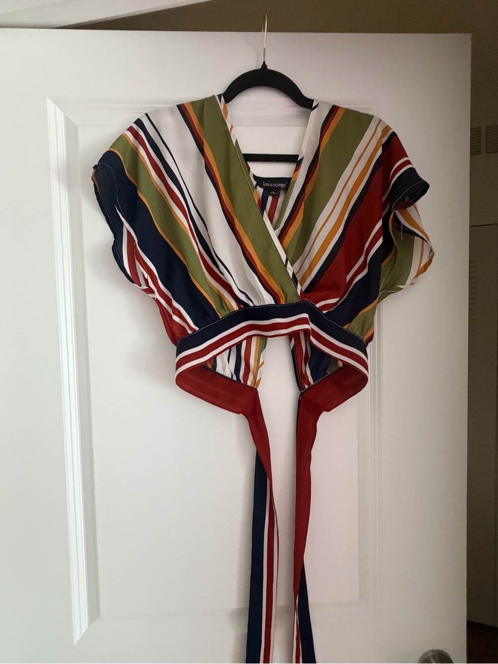 Ups & Downs Multicolor Striped Wrap Crop‎ Top - Olive, Navy & Rust